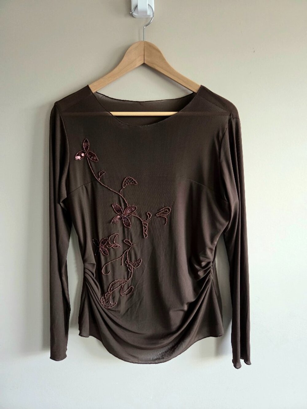 Brown Long Sleeve Mesh Blouse Beaded Sequined Floral Embroidery Side Ruch